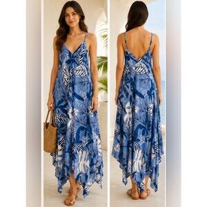 GOA Beachwear by Japna Blue Tropical Maxi Dress Size Small